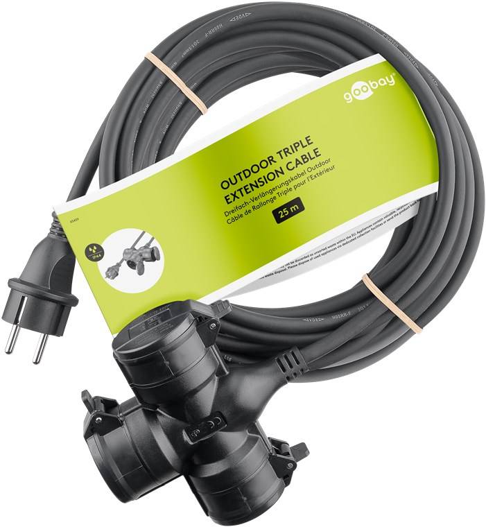4x Goobay 65439 Dreifach-Verlängerungskabel Outdoor, 25 m, schwarz, (3*1,5 mm²), 25 m - Schutzkontaktstecker Hybrid (Typ E/F, CEE 7/7) > 3x Schutzko