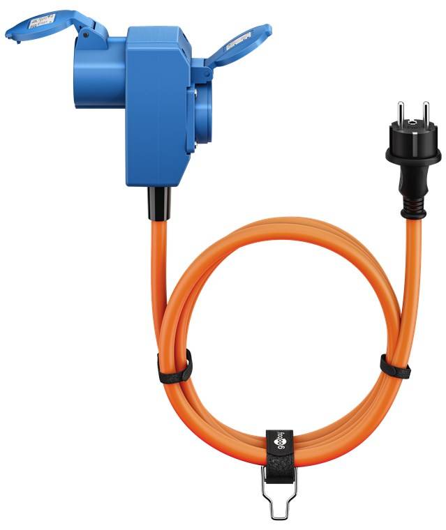 4x Goobay 76222 CEE-Adapterleitung, Schutzkontakt-Stecker auf 90° CEE-Kupplung und Schutzkontakt-Kupplung, 1,5 m, orange - Campingkabel für Außenbe