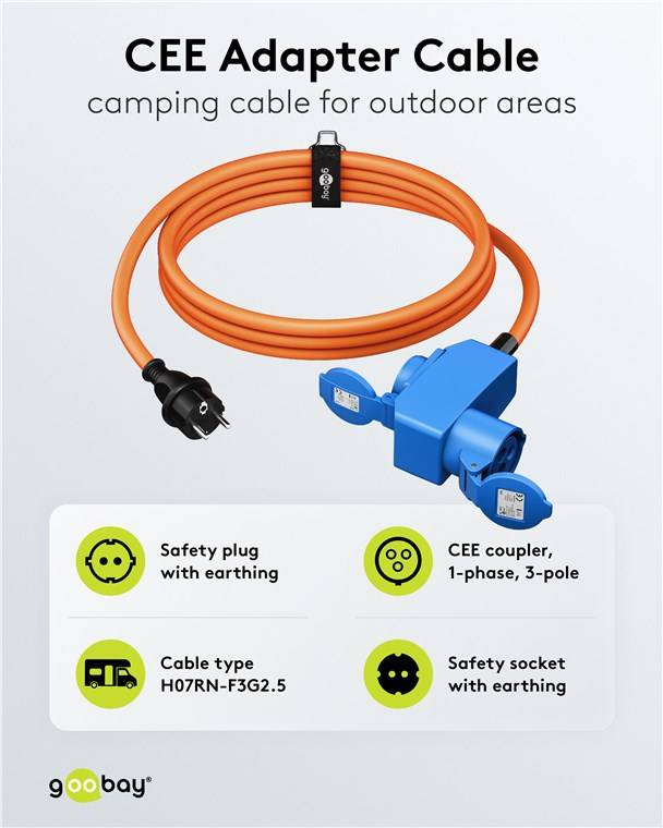Goobay 76222 CEE-Adapterleitung, Schutzkontakt-Stecker auf 90° CEE-Kupplung und Schutzkontakt-Kupplung, 1,5 m, orange - Campingkabel für Außenberei