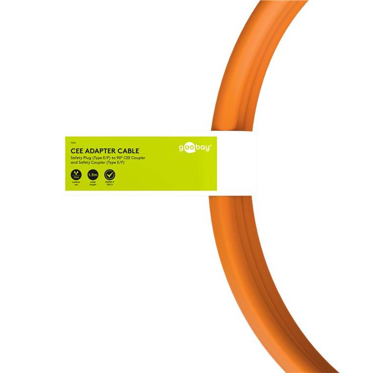 Goobay 76222 CEE-Adapterleitung, Schutzkontakt-Stecker auf 90° CEE-Kupplung und Schutzkontakt-Kupplung, 1,5 m, orange - Campingkabel für Außenberei
