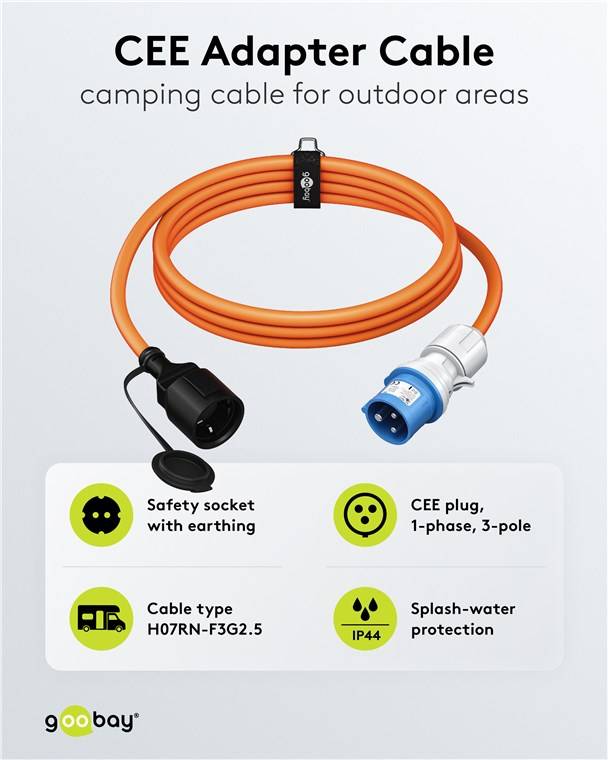2x Goobay 76224 CEE-Adapterleitung, CEE-Stecker auf Schutzkontakt-Kupplung, 5 m, 5 m, orange - Campingkabel für Außenbereiche, 16 A / 230 V