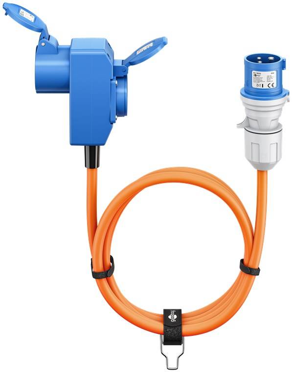 2x Goobay 76233 CEE-Adapterleitung, CEE-Stecker auf 90° CEE-Kupplung und Schutzkontakt-Kupplung, 5 m, 5 m, orange - Campingkabel für Außenbereiche