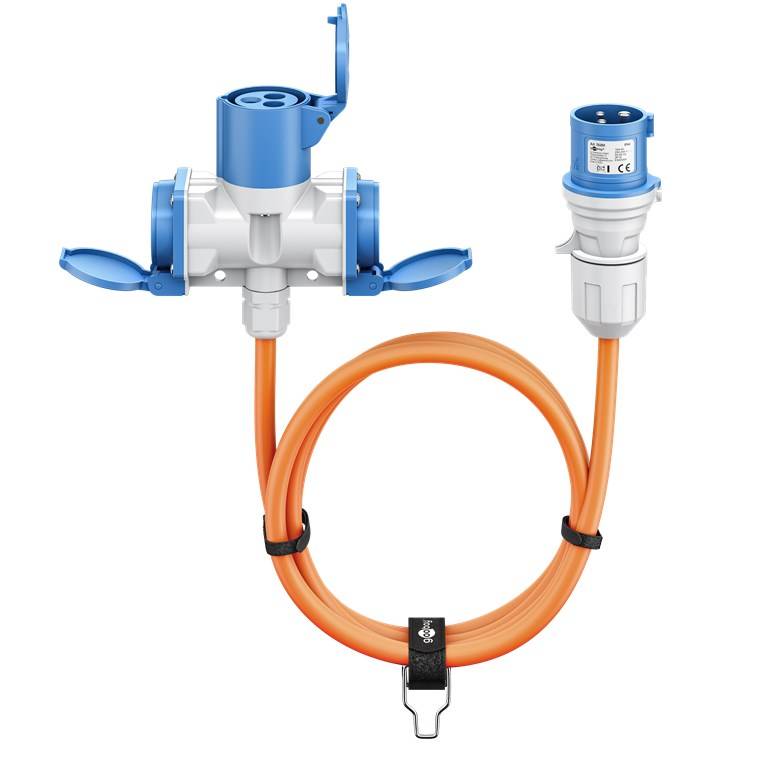 4x Goobay 76231 CEE-Adapterleitung, CEE-Stecker auf 1x CEE-Kupplung und 2x Schutzkontakt-Kupplung, 1,5 m, 1.5 m, orange - Campingkabel für Außenbere
