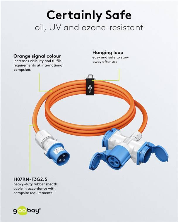 2x Goobay 76265 CEE-Adapterleitung, CEE-Stecker auf 1x CEE-Kupplung und 2x Schutzkontakt-Kupplung, 5 m, 5 m, orange - Campingkabel für Außenbereiche