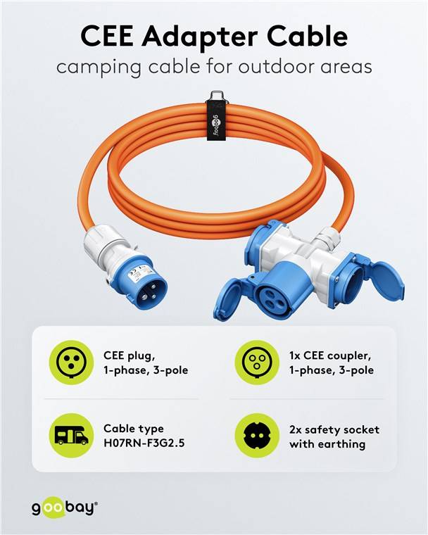 2x Goobay 76265 CEE-Adapterleitung, CEE-Stecker auf 1x CEE-Kupplung und 2x Schutzkontakt-Kupplung, 5 m, 5 m, orange - Campingkabel für Außenbereiche