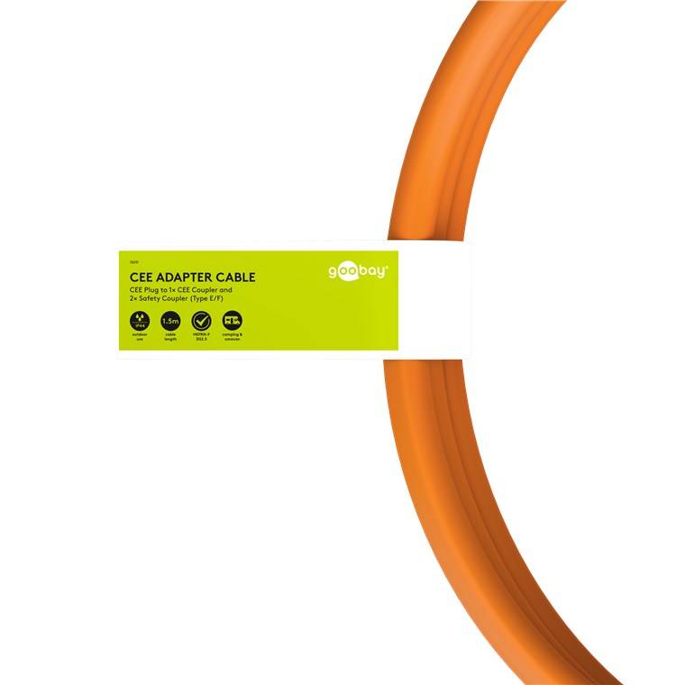 Goobay 76231 CEE-Adapterleitung, CEE-Stecker auf 1x CEE-Kupplung und 2x Schutzkontakt-Kupplung, 1,5 m, 1.5 m, orange - Campingkabel für Außenbereich
