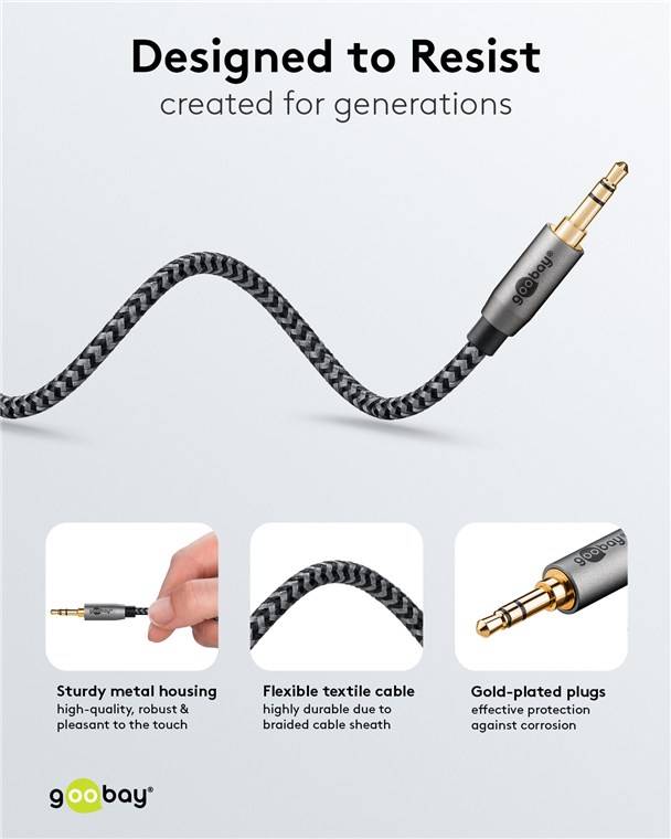 Goobay 65272 Plus Series Audio Verbindungskabel AUX, 3,5 mm stereo, 0,5 m, 0.5 m, schwarz-Silber - Klinke 3,5 mm Stecker (3-Pin, stereo) > Klinke