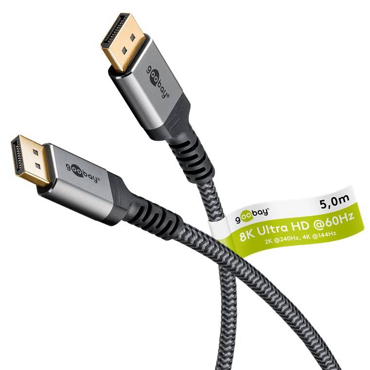 12x Goobay 65267 Plus Series DisplayPort™-Kabel 1.4, 32,4 Gbit/s, 5 m, schwarz-Silber - 8K/60Hz DSC