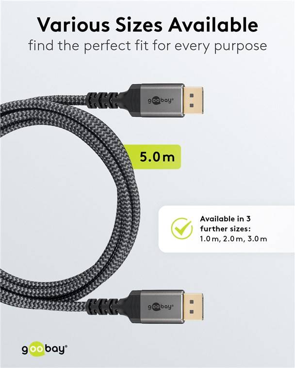 Goobay 65267 Plus Series DisplayPort™-Kabel 1.4, 32,4 Gbit/s, 5 m, schwarz-Silber - 8K/60Hz DSC