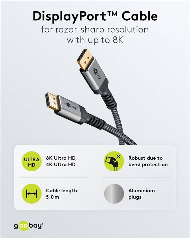 Goobay 65267 Plus Series DisplayPort™-Kabel 1.4, 32,4 Gbit/s, 5 m, schwarz-Silber - 8K/60Hz DSC