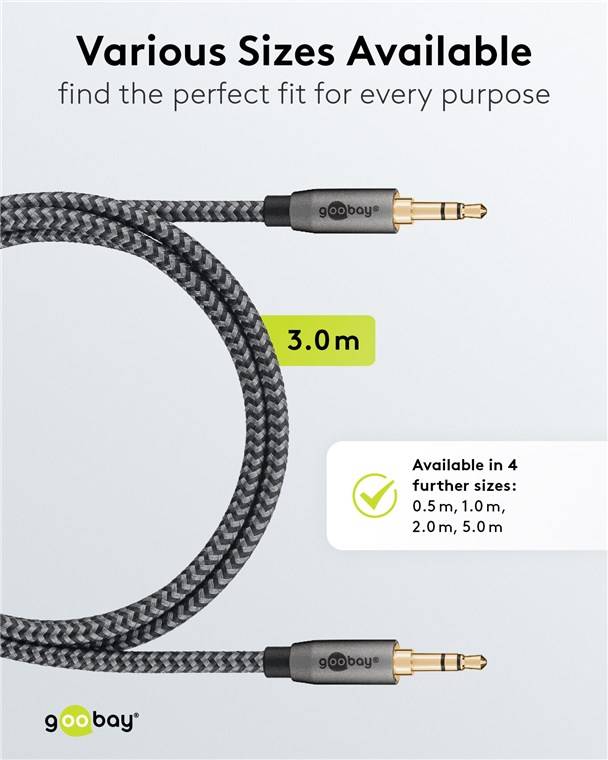 Goobay 65275 Plus Series Audio Verbindungskabel AUX, 3,5 mm stereo, 3 m, 3 m, schwarz-Silber - Klinke 3,5 mm Stecker (3-Pin, stereo) > Klinke 3,5