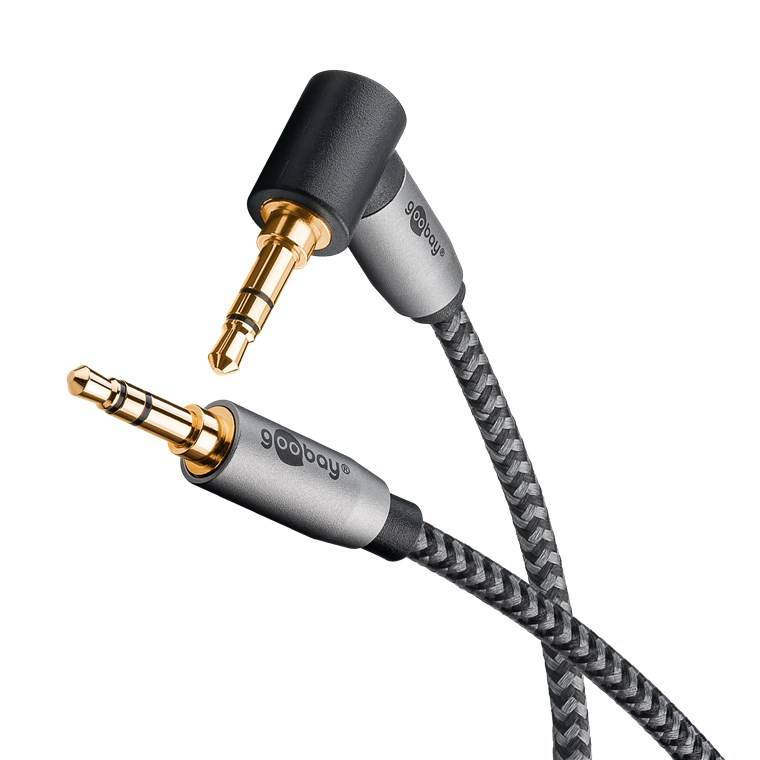 42x Goobay 65283 Plus Series Audio Verbindungskabel AUX, 3,5 mm stereo, 90°, 5 m, 5 m, schwarz-Silber - Klinke 3,5 mm Stecker (3-Pin, stereo)