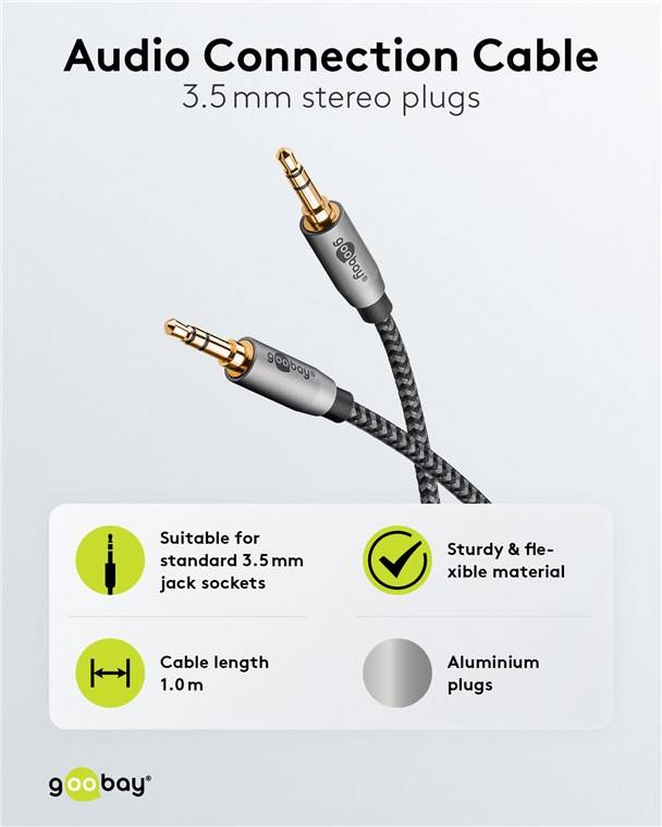 Goobay 65273 Plus Series Audio Verbindungskabel AUX, 3,5 mm stereo, 1 m, 1 m, schwarz-Silber - Klinke 3,5 mm Stecker (3-Pin, stereo) > Klinke 3,5