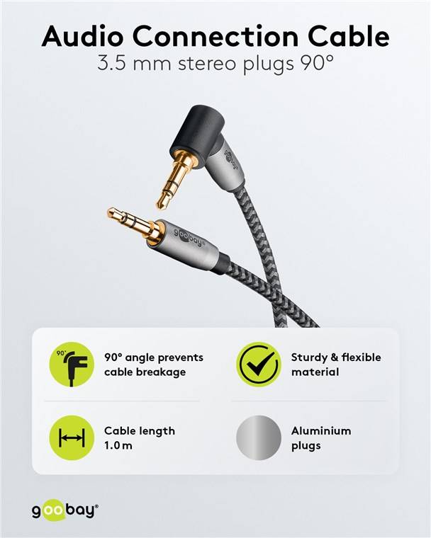 126x Goobay 65278 Plus Series Audio Verbindungskabel AUX, 3,5 mm stereo, 90°, 1 m, 1 m, schwarz-Silber - Klinke 3,5 mm Stecker (3-Pin, stereo)