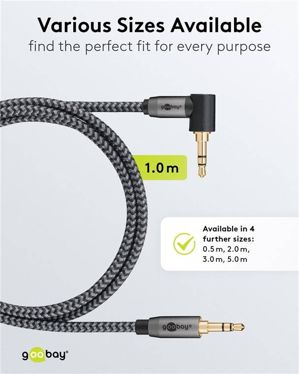 Goobay 65278 Plus Series Audio Verbindungskabel AUX, 3,5 mm stereo, 90°, 1 m, 1 m, schwarz-Silber - Klinke 3,5 mm Stecker (3-Pin, stereo) > Klinke