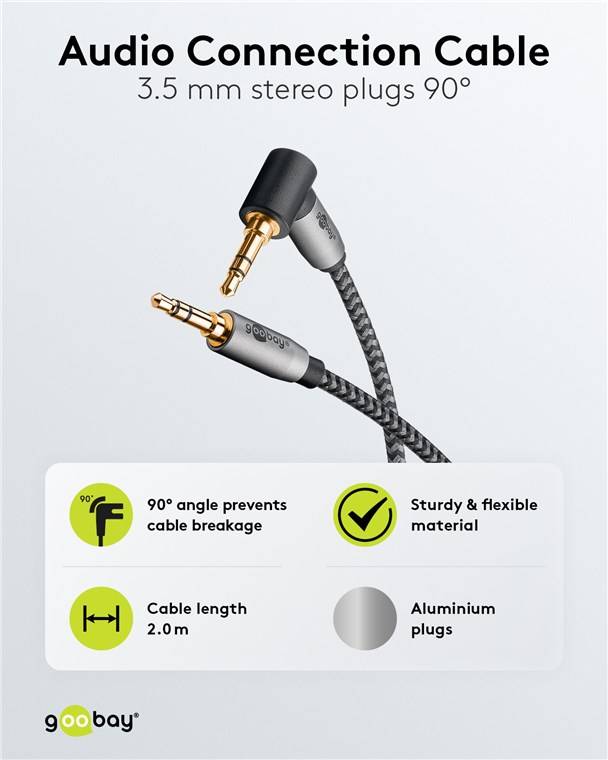Goobay 65279 Plus Series Audio Verbindungskabel AUX, 3,5 mm stereo, 90°, 2 m, 2 m, schwarz-Silber - Klinke 3,5 mm Stecker (3-Pin, stereo) > Klinke