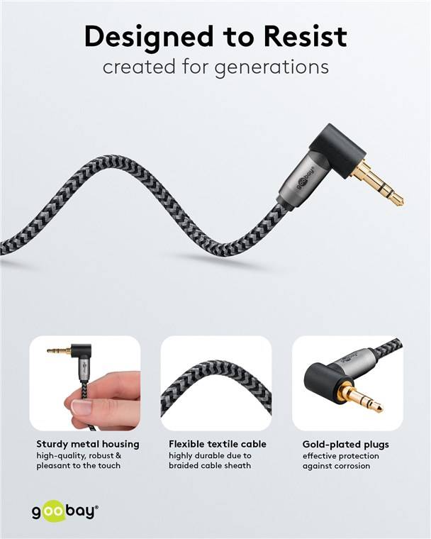 42x Goobay 65283 Plus Series Audio Verbindungskabel AUX, 3,5 mm stereo, 90°, 5 m, 5 m, schwarz-Silber - Klinke 3,5 mm Stecker (3-Pin, stereo)