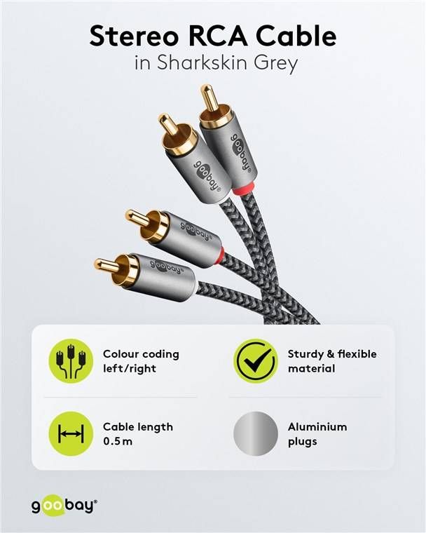 Goobay 65291 Plus Series Stereo-Cinchkabel, 0,5 m, 0.5 m, schwarz-Silber - 2x Cinch-Stecker (Audio links/rechts) > 2x Cinch-Stecker (Audio