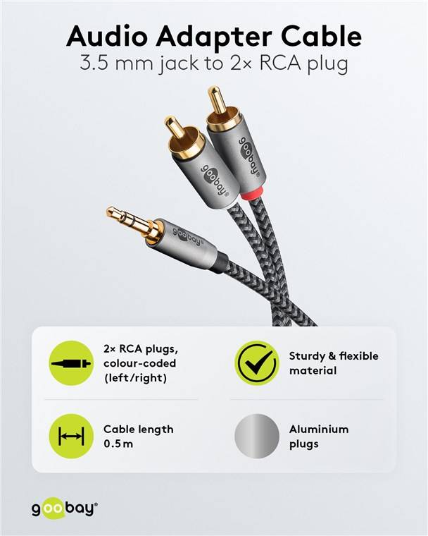 Goobay 65284 Plus Series Audio Adapterkabel AUX, 3,5-mm-Klinke zu Stereo-Cinch-Stecker, 0,5 m, 0.5 m, schwarz-Silber - Klinke 3,5 mm Stecker (3-Pin