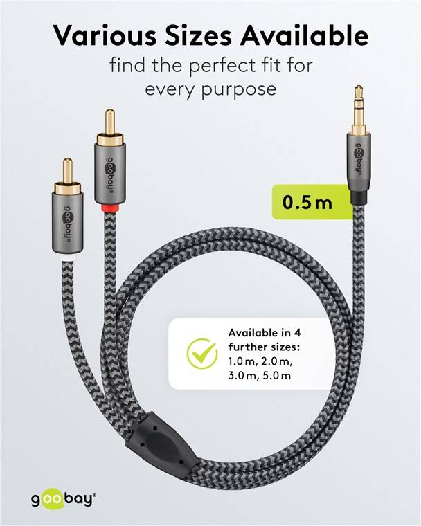 Goobay 65284 Plus Series Audio Adapterkabel AUX, 3,5-mm-Klinke zu Stereo-Cinch-Stecker, 0,5 m, 0.5 m, schwarz-Silber - Klinke 3,5 mm Stecker (3-Pin