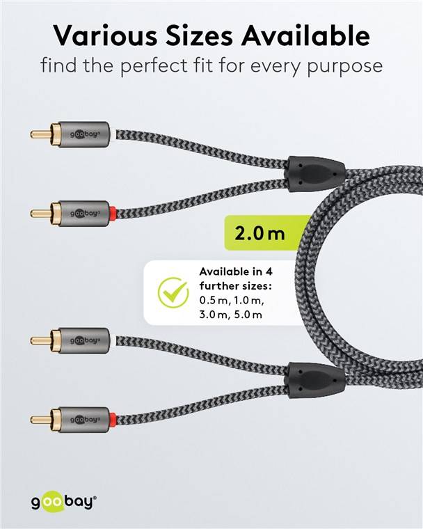 Goobay 65293 Plus Series Stereo-Cinchkabel, 2 m, 2 m, schwarz-Silber - 2x Cinch-Stecker (Audio links/rechts) > 2x Cinch-Stecker (Audio links/rechts)