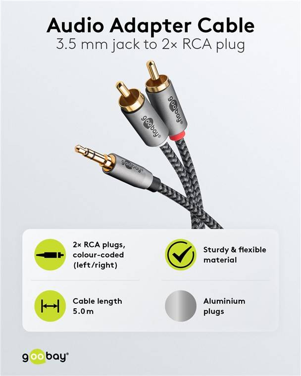 42x Goobay 65290 Plus Series Audio Adapterkabel AUX, 3,5-mm-Klinke zu Stereo-Cinch-Stecker, 5 m, 5 m, schwarz-Silber - Klinke 3,5 mm Stecker (3-Pin