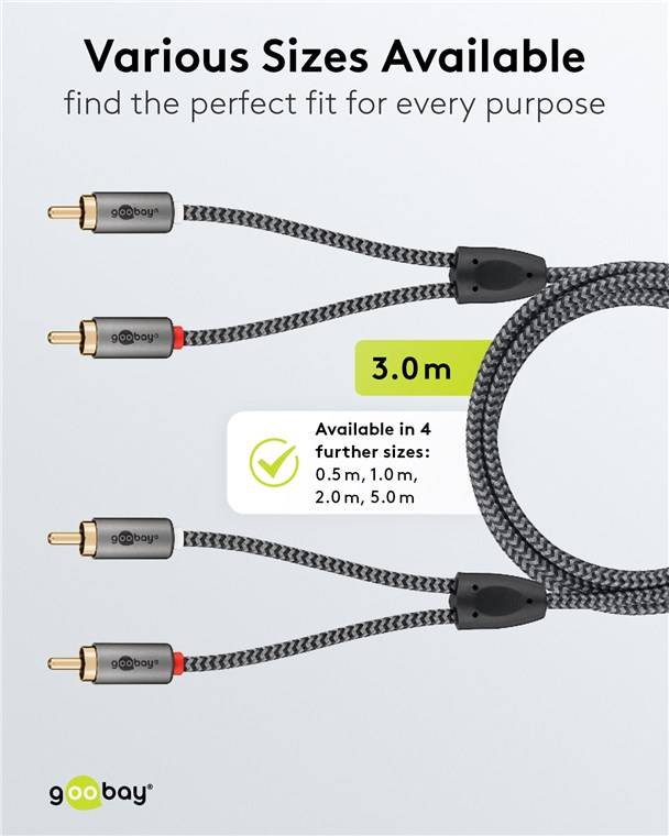 Goobay 65294 Plus Series Stereo-Cinchkabel, 3 m, 3 m, schwarz-Silber - 2x Cinch-Stecker (Audio links/rechts) > 2x Cinch-Stecker (Audio links/rechts)