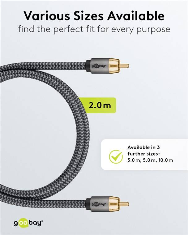 Goobay 65296 Plus Series Mono-Cinchkabel, 2 m, 2 m, schwarz-Silber - Cinch-Stecker (Woofer, Center) > Cinch-Stecker (Woofer, Center)
