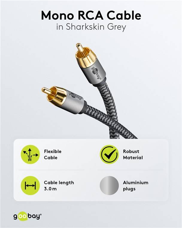 Goobay 65297 Plus Series Mono-Cinchkabel, 3 m, 3 m, schwarz-Silber - Cinch-Stecker (Woofer, Center) > Cinch-Stecker (Woofer, Center)