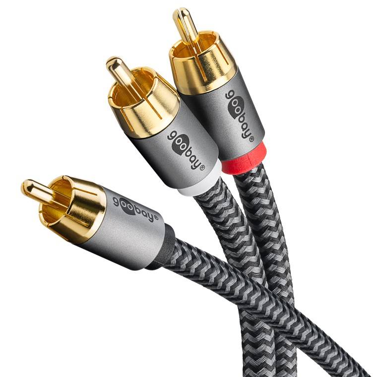 Goobay 65300 Plus Series Cinch Y-Kabel, 2 m, 2 m, schwarz-Silber - Cinch-Stecker (Woofer, Center) > 2x Cinch-Stecker (Woofer)