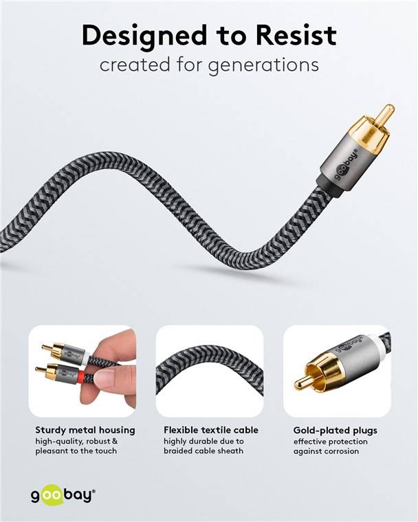Goobay 65300 Plus Series Cinch Y-Kabel, 2 m, 2 m, schwarz-Silber - Cinch-Stecker (Woofer, Center) > 2x Cinch-Stecker (Woofer)