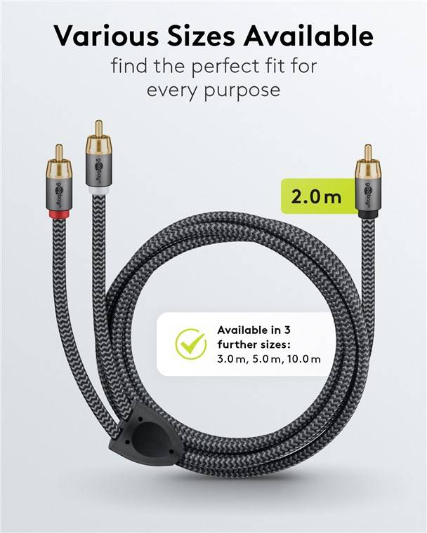 Goobay 65300 Plus Series Cinch Y-Kabel, 2 m, 2 m, schwarz-Silber - Cinch-Stecker (Woofer, Center) > 2x Cinch-Stecker (Woofer)