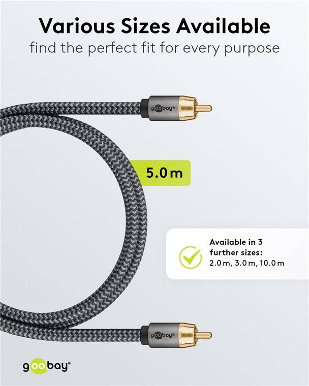 Goobay 65298 Plus Series Mono-Cinchkabel, 5 m, 5 m, schwarz-Silber - Cinch-Stecker (Woofer, Center) > Cinch-Stecker (Woofer, Center)