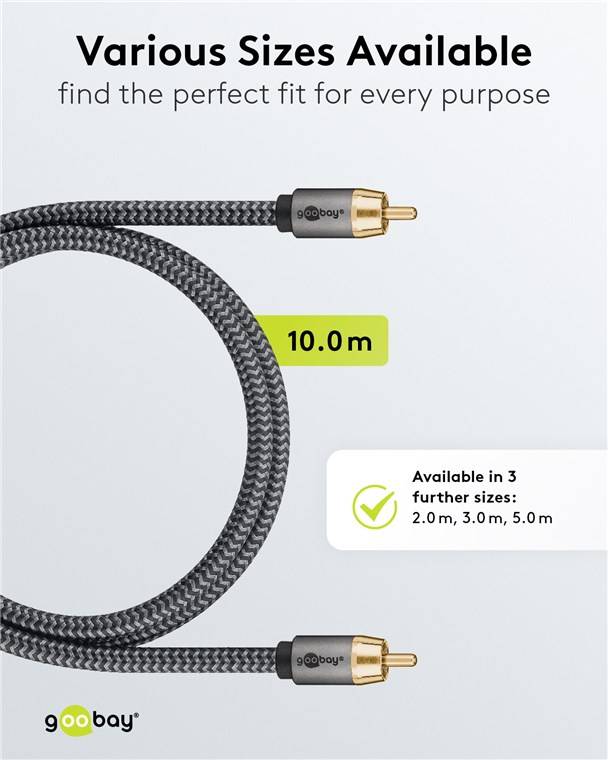 Goobay 65299 Plus Series Mono-Cinchkabel, 10 m, 10 m, schwarz-Silber - Cinch-Stecker (Woofer, Center) > Cinch-Stecker (Woofer, Center)