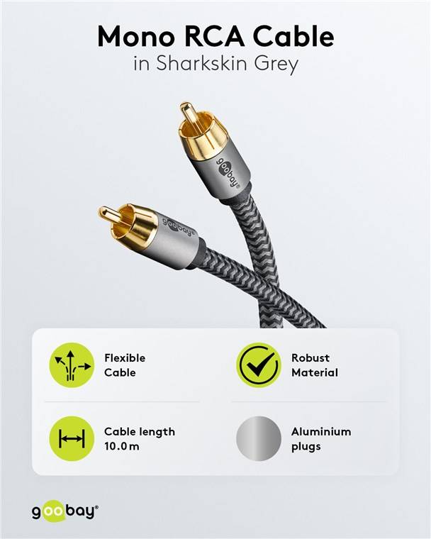 Goobay 65299 Plus Series Mono-Cinchkabel, 10 m, 10 m, schwarz-Silber - Cinch-Stecker (Woofer, Center) > Cinch-Stecker (Woofer, Center)