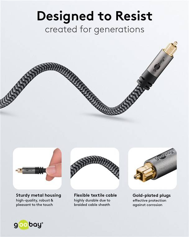 Goobay 65304 Plus Series TOSLINK-Kabel, 1 m, 1 m, schwarz-Silber - Toslink-Stecker > Toslink-Stecker
