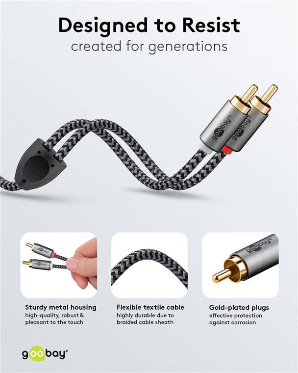 Goobay 65292 Plus Series Stereo-Cinchkabel, 1 m, 1 m, schwarz-Silber - 2x Cinch-Stecker (Audio links/rechts) > 2x Cinch-Stecker (Audio links/rechts)