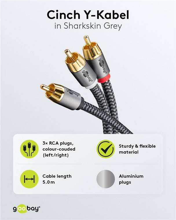 Goobay 65302 Plus Series Cinch Y-Kabel, 5 m, 5 m, schwarz-Silber - Cinch-Stecker (Woofer, Center) > 2x Cinch-Stecker (Woofer)