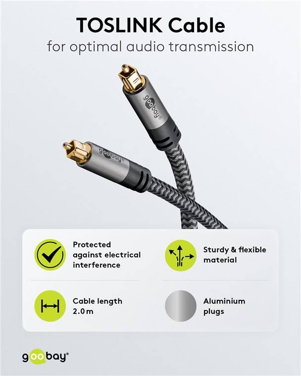 Goobay 65305 Plus Series TOSLINK-Kabel, 2 m, 2 m, schwarz-Silber - Toslink-Stecker > Toslink-Stecker