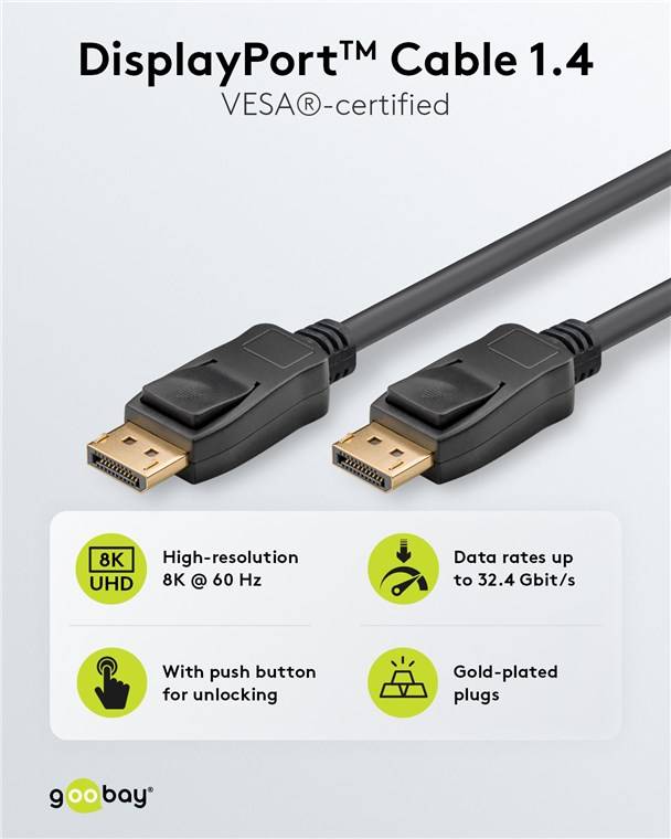 Goobay 74777 Certified DisplayPort™-Kabel 1.4, zertifiziert, 32,4 Gbit/s, 1 m, schwarz - 8K/60Hz DSC