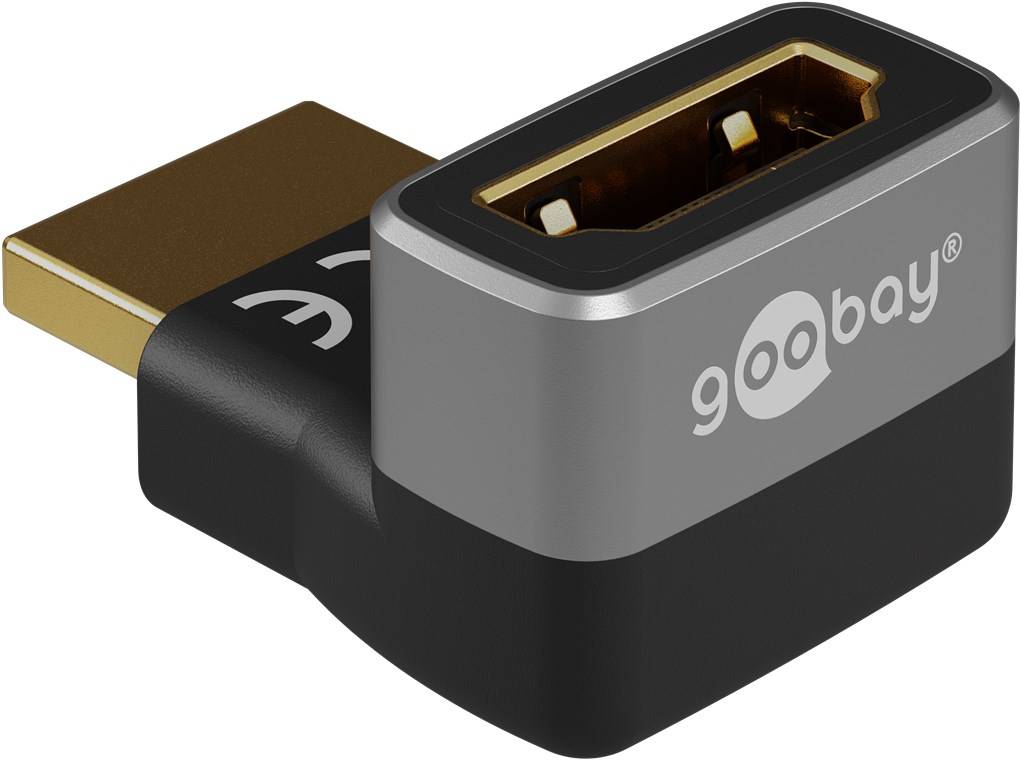 Goobay 72009 Plus Series HDMI™-Winkeladapter 90° vertikal, 8K/60Hz, schwarz-Silber - HDMI™-Buchse (Typ A) > HDMI™-Stecker (Typ A) 90°