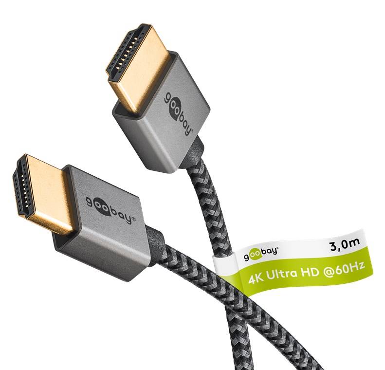 Goobay 75754 Plus Series Slim High-Speed-HDMI™-Kabel mit Ethernet, 3 m, schwarz-Silber - 4K/60Hz