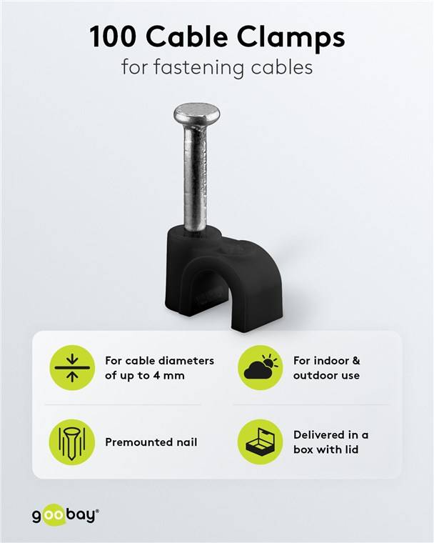 Goobay 64677 Kabelschelle 4 mm, schwarz, 4 mm - Befestigung für Kabel mit Durchmesser bis 4 mm