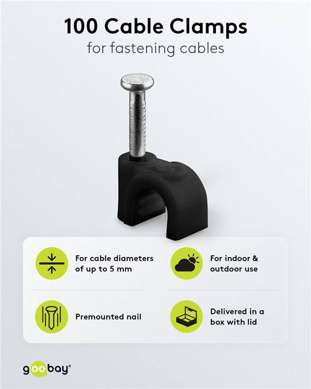 Goobay 64678 Kabelschelle 5 mm, schwarz, 5 mm - Befestigung für Kabel mit Durchmesser bis 5 mm