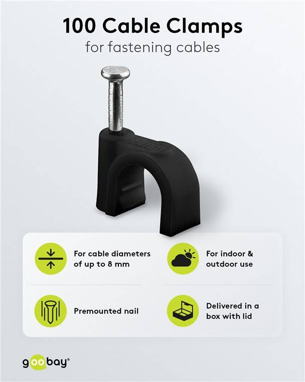 200x Goobay 64681 Kabelschelle 8 mm, schwarz, 8 mm - Befestigung für Kabel mit Durchmesser bis 8 mm