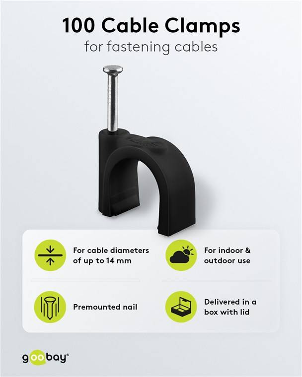 60x Goobay 64685 Kabelschelle 14 mm, schwarz, 14 mm - Befestigung für Kabel mit Durchmesser bis 14 mm