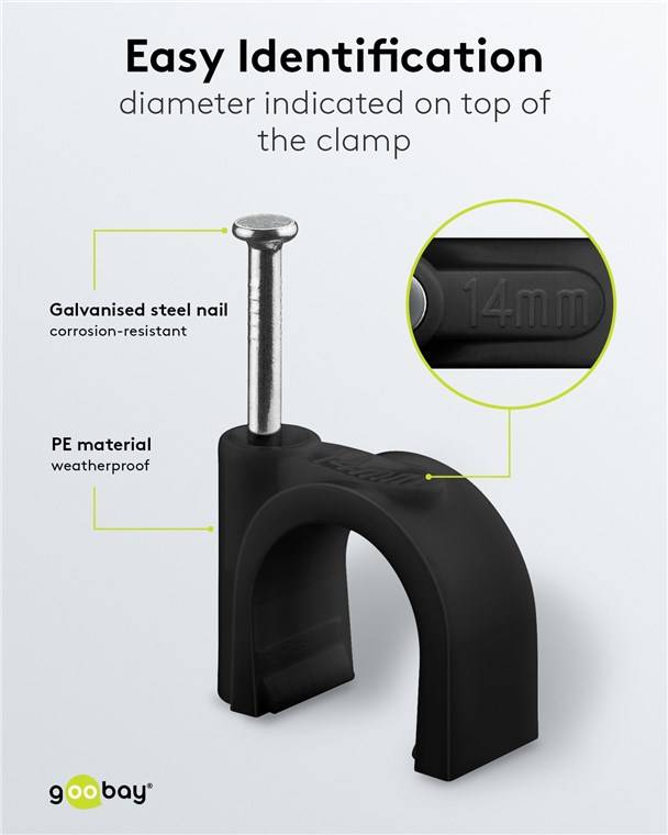 Goobay 64685 Kabelschelle 14 mm, schwarz, 14 mm - Befestigung für Kabel mit Durchmesser bis 14 mm