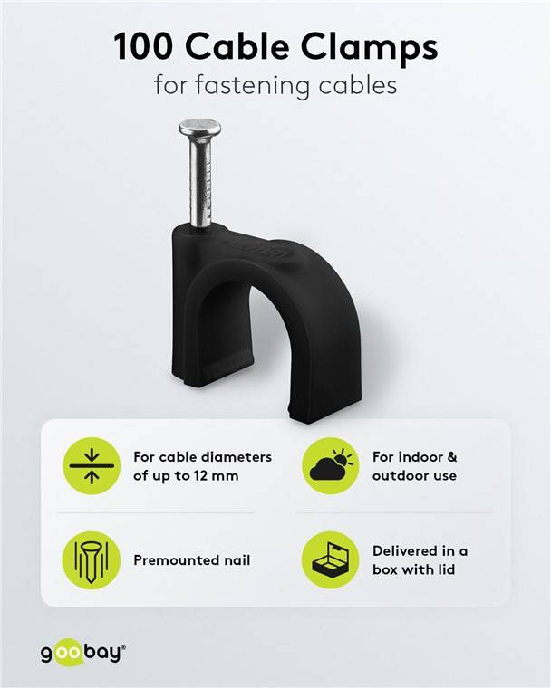 Goobay 64684 Kabelschelle 12 mm, schwarz, 12 mm - Befestigung für Kabel mit Durchmesser bis 12 mm