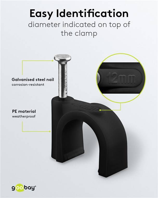 Goobay 64684 Kabelschelle 12 mm, schwarz, 12 mm - Befestigung für Kabel mit Durchmesser bis 12 mm