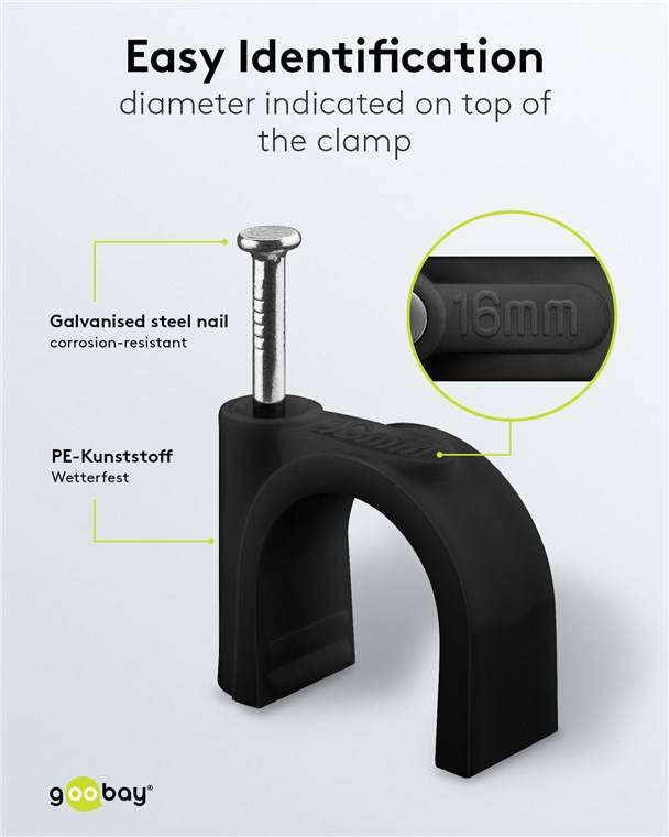 60x Goobay 64686 Kabelschelle 16 mm, schwarz, 16 mm - Befestigung für Kabel mit Durchmesser bis 16 mm